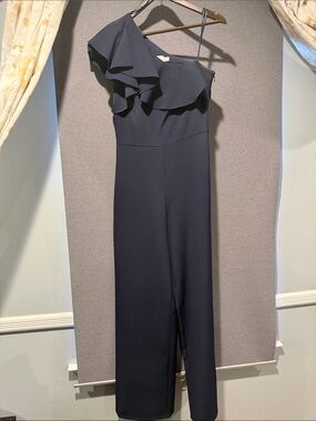 Eliza J Navy One-Shoulder Ruffle Jumpsuit